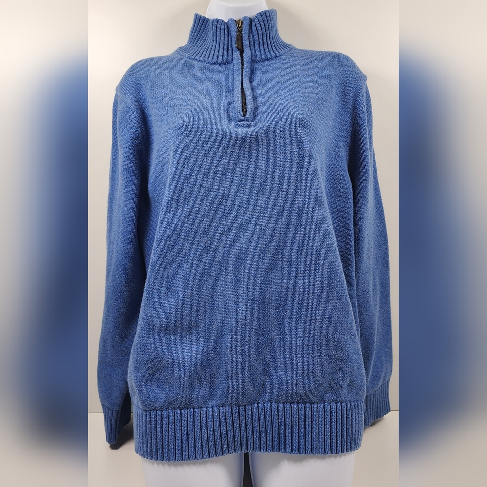 LL Bean Quarter Zip Sweater Size L-Reg‎ Blue 100% Cotton